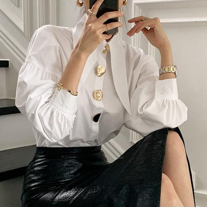 Dam Blus Knäppt Front Ballongärmar Syntetfiber 4