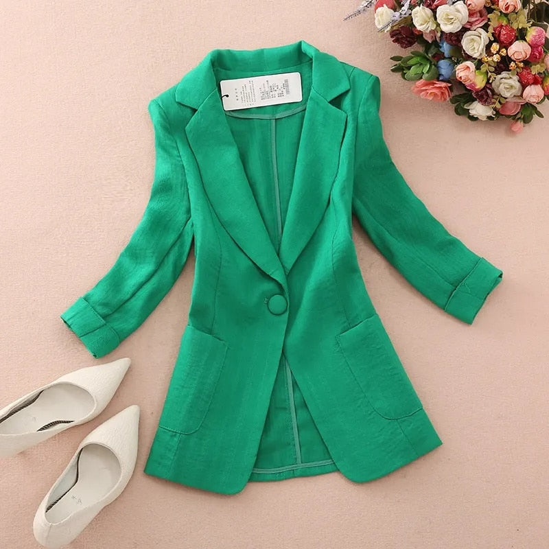 Dam Blazer Monokrom Bomull Polyester Linne Elegant Komfortabel Klassisk Passform 7