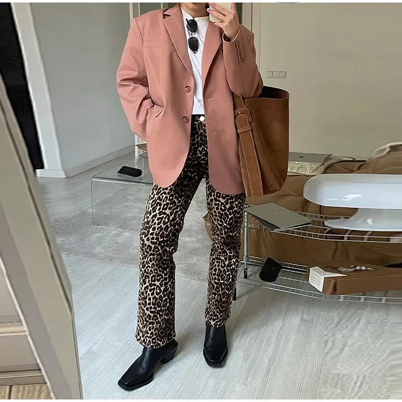 Dam Jeans Smal Passform Leopardtryck Bomull-5