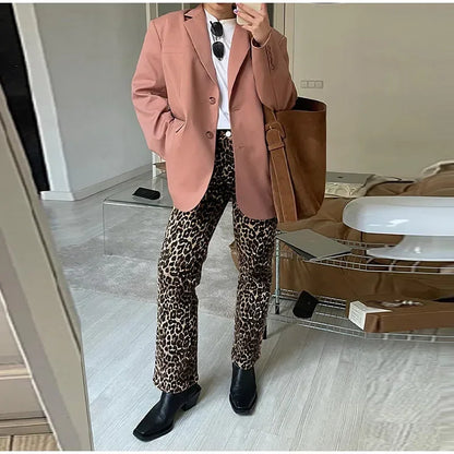 Dam Jeans Smal Passform Leopardtryck Bomull-5