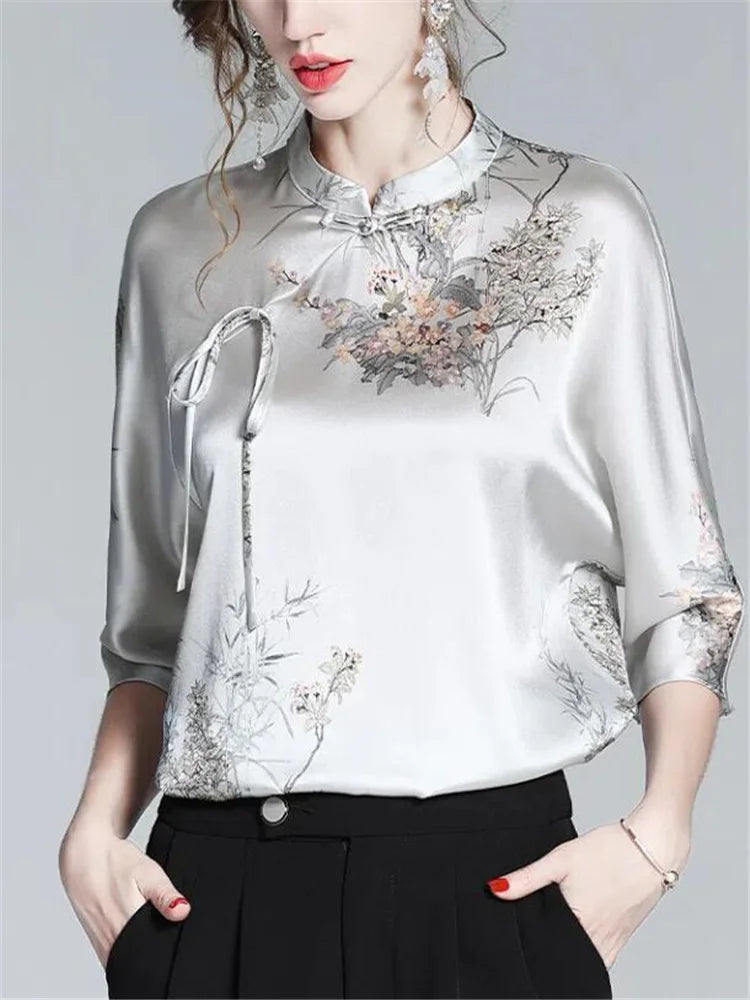 Dam Blus med Blommiga Ärmar Acetat Regelbunden Passform-3