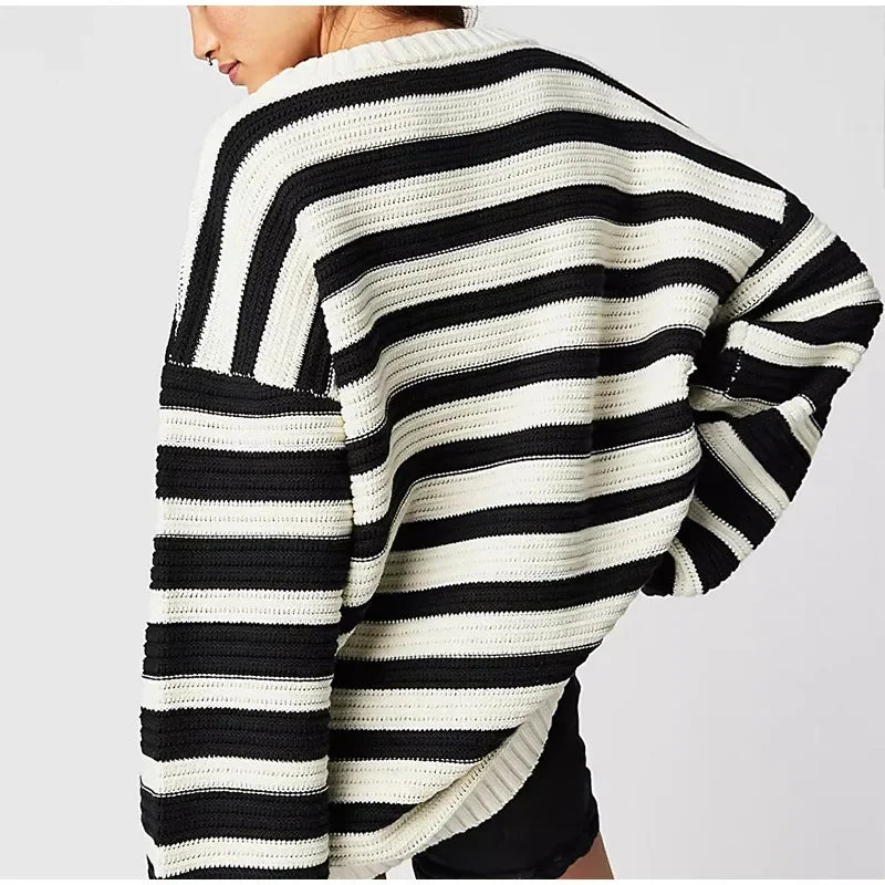 Dam Tröja Långa Ärmar Randigt Mjuk Andningsbar Material-2