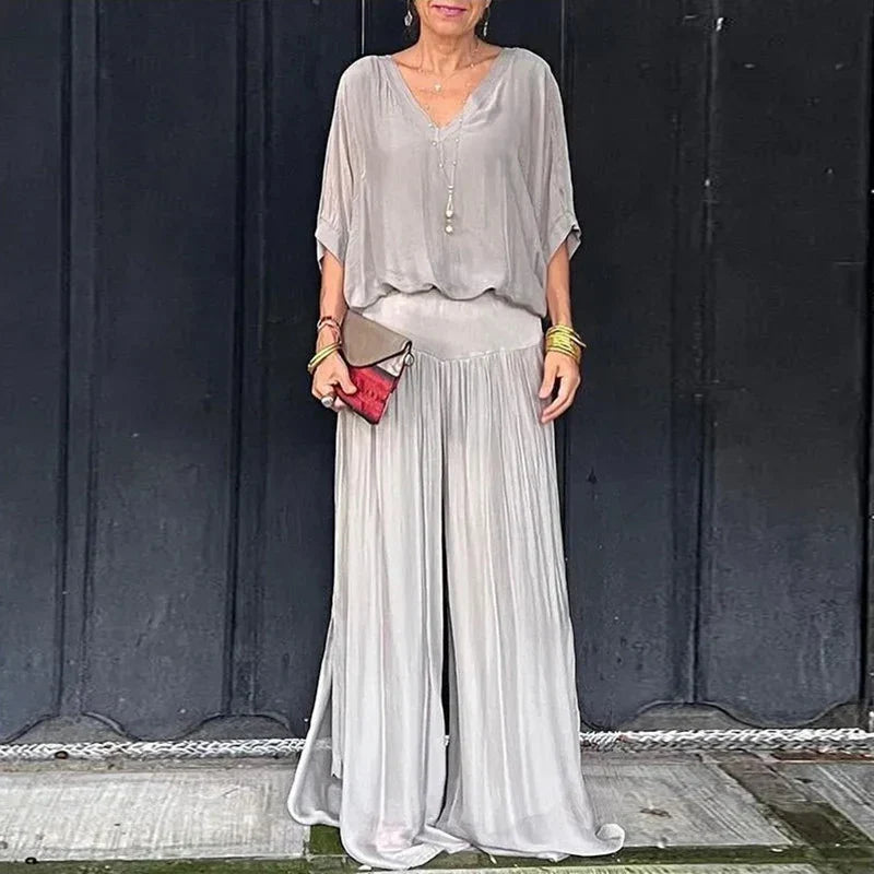 Dam Tvådelad Uppsättning Chiffon Topp och Vida Byxor-4