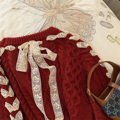 Dam Tröja Kålmönster med Snörning i Mjuk Bomull-4