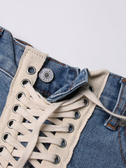 Dam Shorts Hållbar Denim med Sprickor och Snören-5