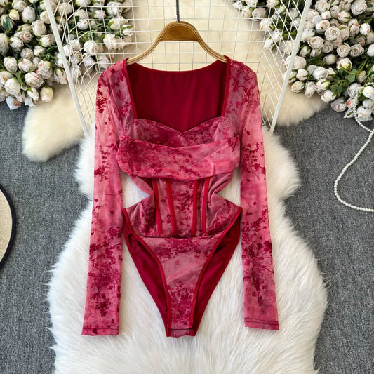 Dam Bodysuit Figursydd Polyester Modern Batikmönster-1