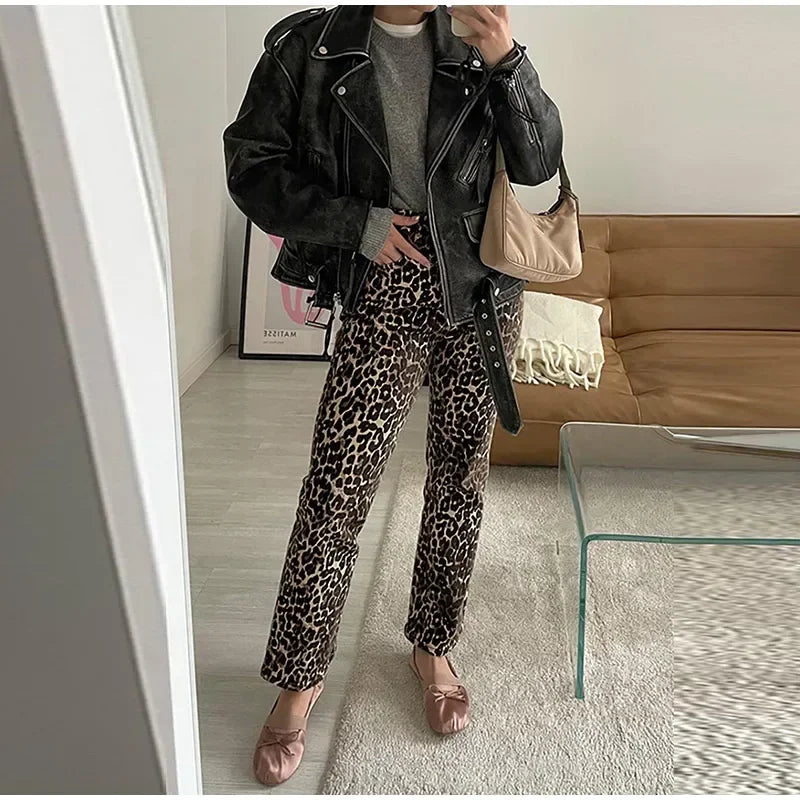 Dam Jeans Smal Passform Leopardtryck Bomull-3