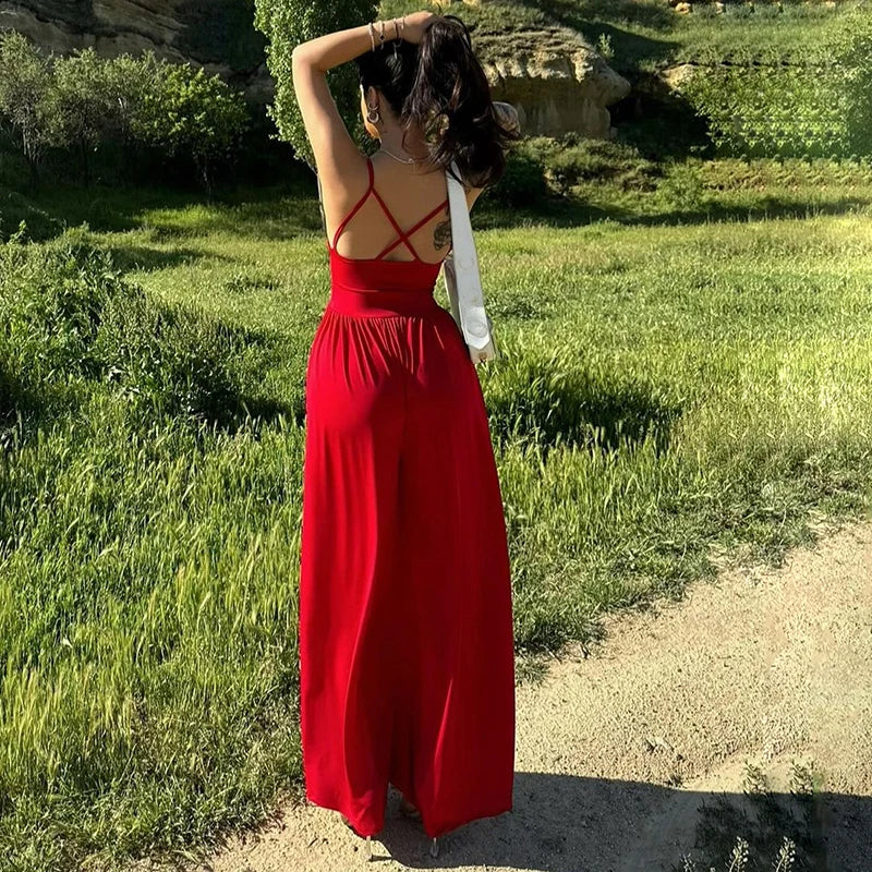 Dam Jumpsuit Avslappnad Polyester och Bomull Bred Byxdesign Komplett Längd-4