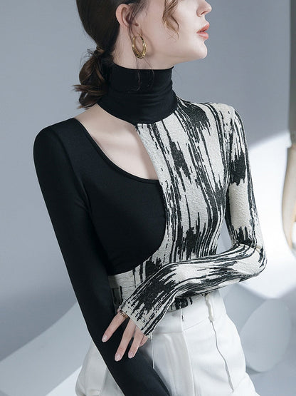 Dam Blus Geometrisk Viskos Semi-Transparent Rollkrage-3