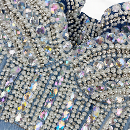 Dam Festtopp Glittrig Paljett Denim Crop Top-4