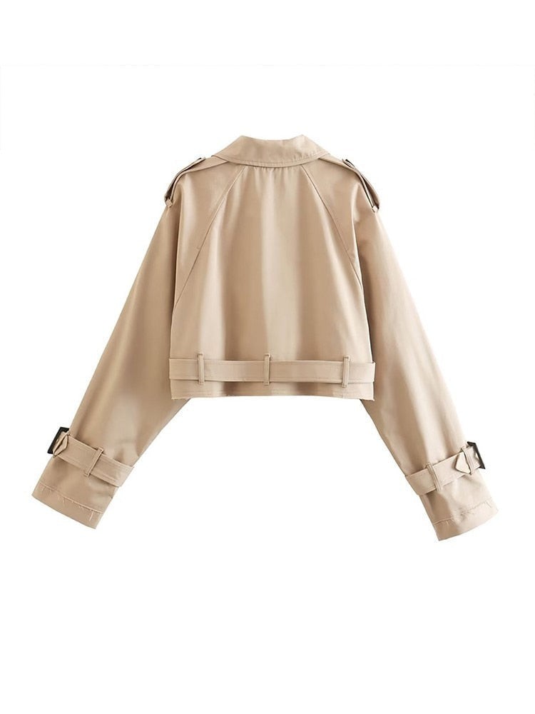 Kort Jacka Dam Tidlös Design Khaki Högkvalitativt Tyg 2