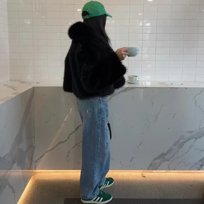 Dam Fuskpälsjacka Avslappnad Design Mjuk Fuskpäls-3