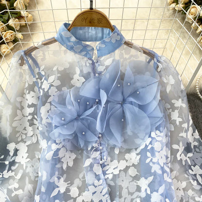 Dam Blus Blommönster Polyester Akryl Normal Passform-4