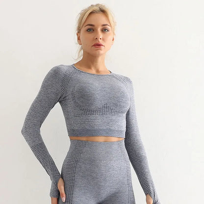 Kvinnors Skördetopp Sömlös Elastisk Material Långa Ärmar-1