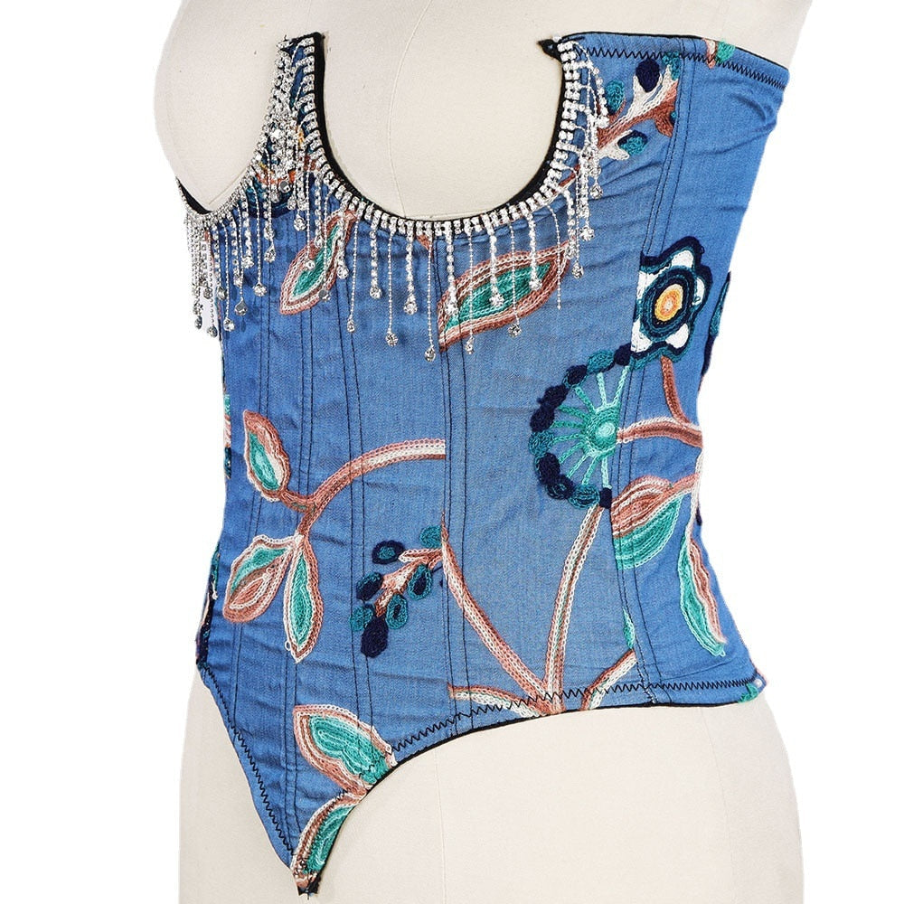 Dam Korsett Topp Blommigt Broderi Mjuk Bomull-4