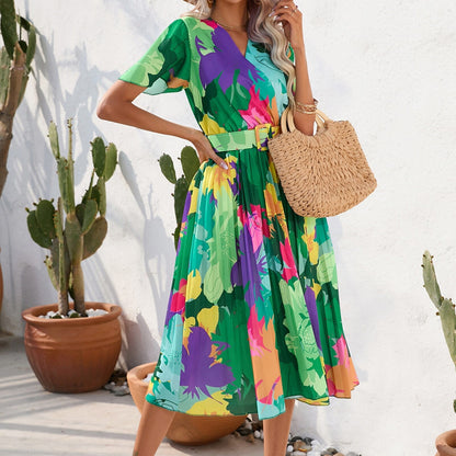 Kvinna Veckad Klänning Blommönster Polyester 3