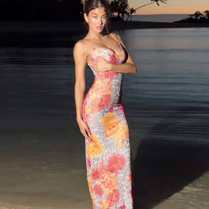 Maxiklänning Dam V-Hals Kolumn Polyester Spandex med Tryck-2