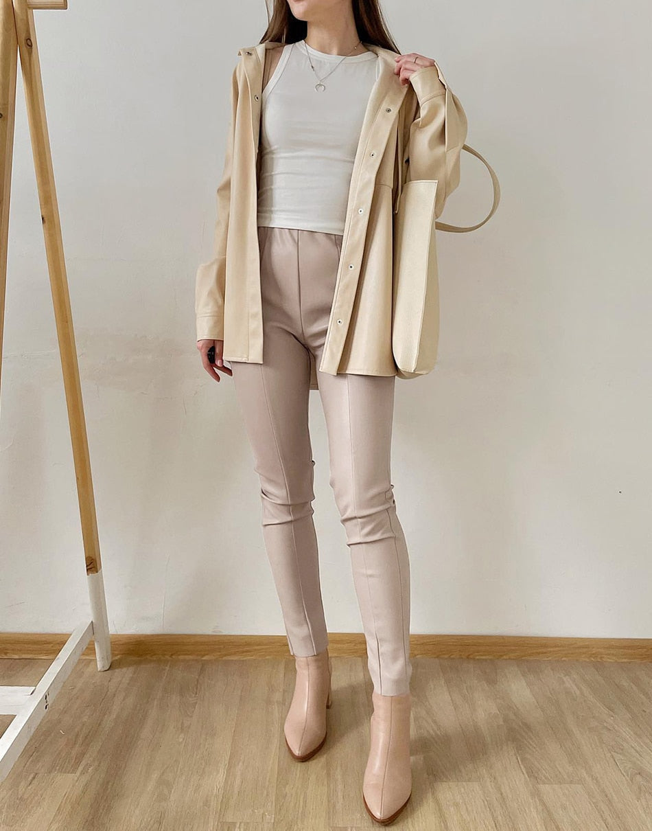 Snygga Byxor Dam Hög Midja Syntetiskt Läder Penna Stil 3