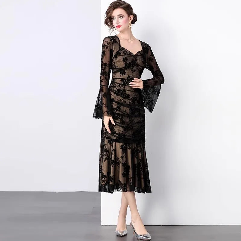 Damklänning Midi Fyrkantig Halsringning Flockad Detalj Bomull Polyester-2