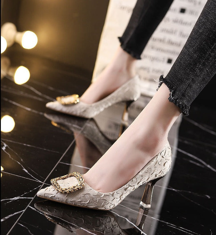 Dam Pumps Spetsig Silhuett Andningsbart Nylon och Kohide-läder-1