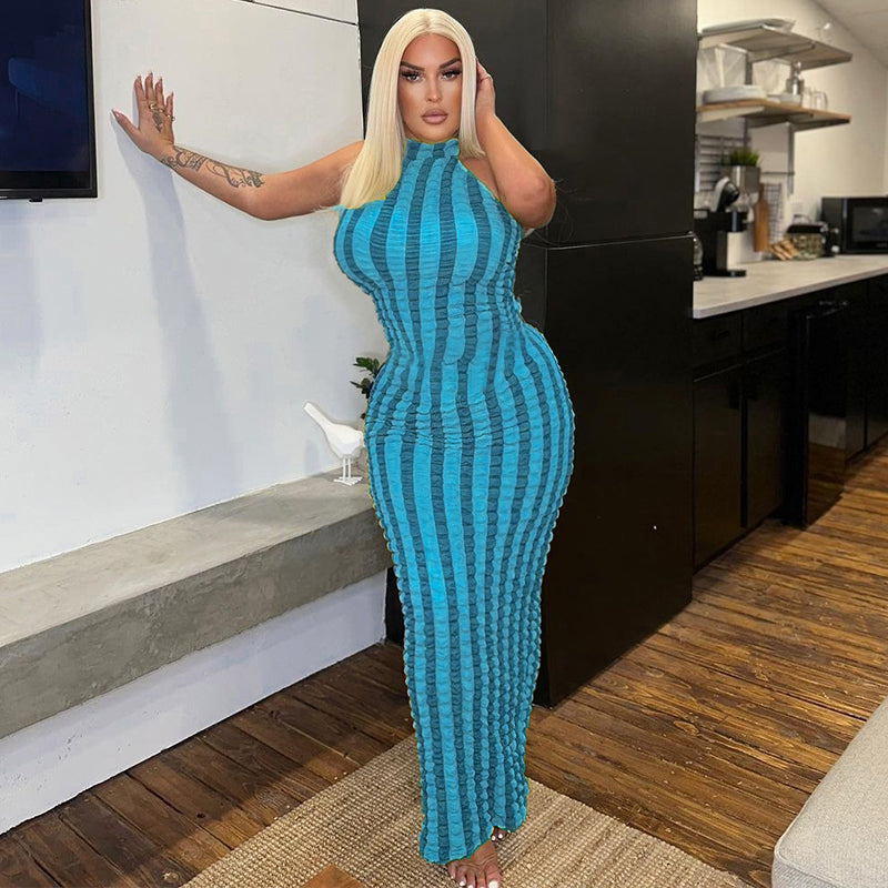 Dam Maxiklänning Randig Hög Krage Polyester-5