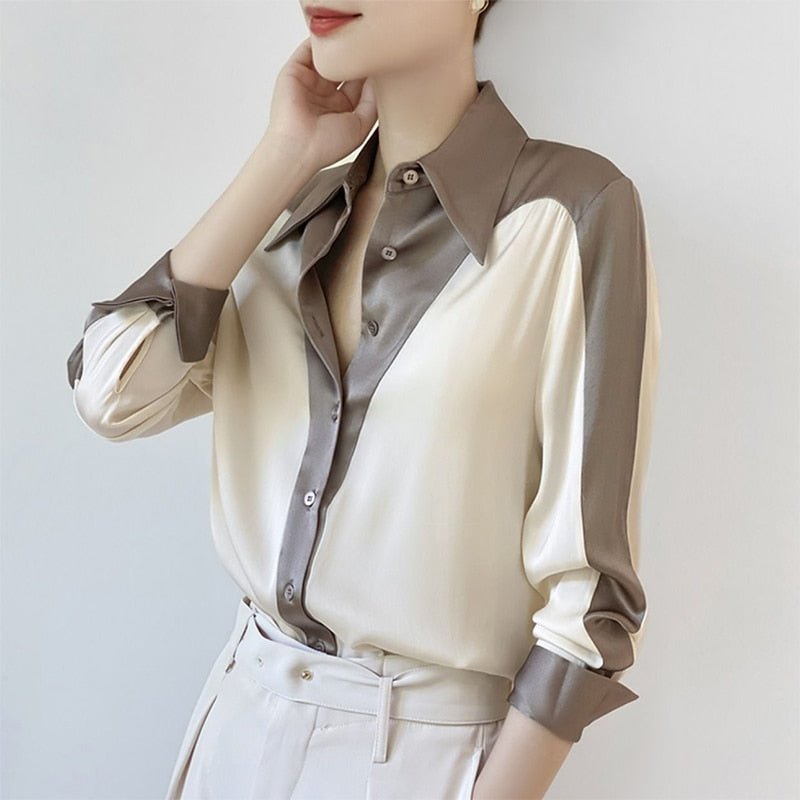 Dam Skjorta Patchwork Bomull Polyester Elegant Design-3