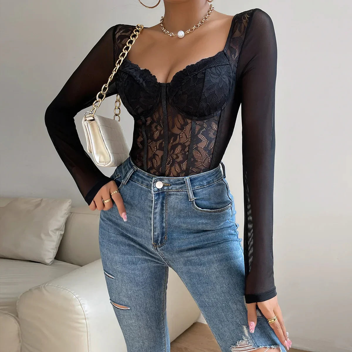 Dam Bodysuit Långärmad Med Toppapplikation Polyester Spandex-4