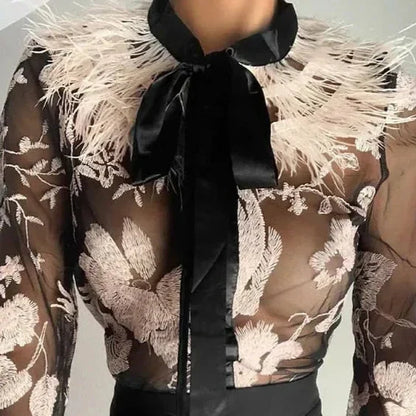 Dam Skjorta Blommönster Lång Ärme Polyester-2