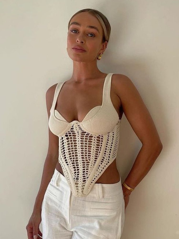 Dam Topp Trasig Design Cirkulär Halsringning Bomull Polyester-2