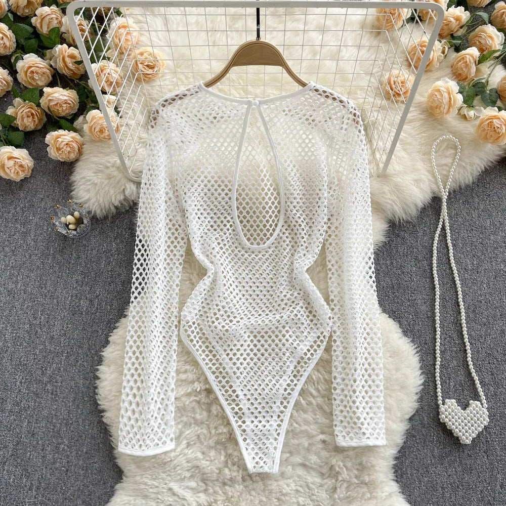 Dam Bodysuit Tätt Snitt Polyester och Bomull med Trasig Design-2
