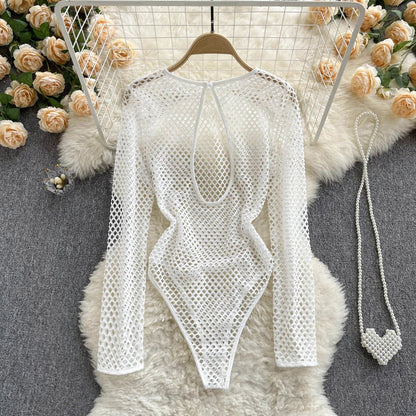 Dam Bodysuit Tätt Snitt Polyester och Bomull med Trasig Design-2