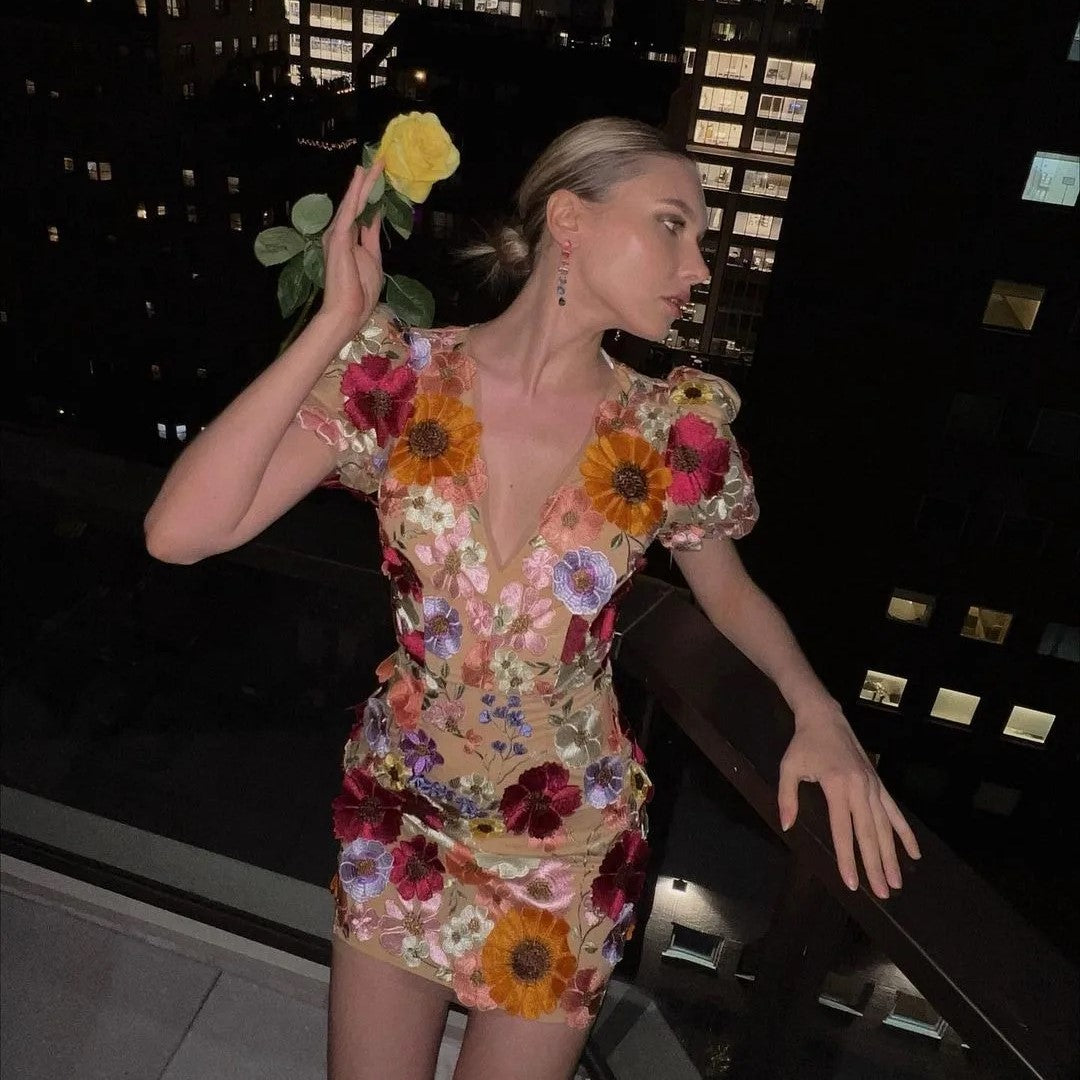 Kvinnors Miniklänning Blommor Puffade Ärmar Högkvalitativt Material-6