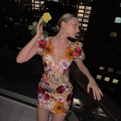 Kvinnors Miniklänning Blommor Puffade Ärmar Högkvalitativt Material-6