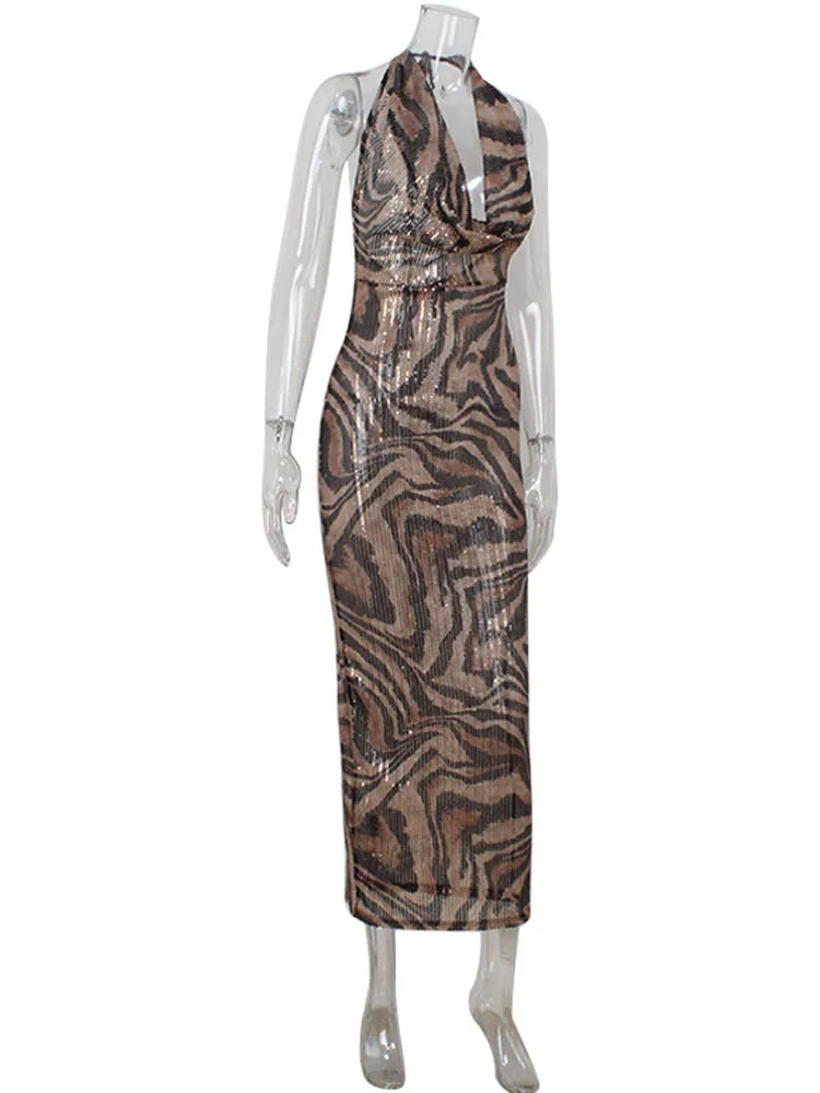 Dam Maxi Klänning Leopardmönster V-ringad Polyester 4