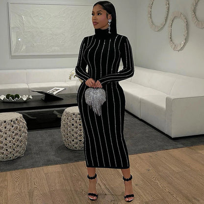 Dam Midiklänning Ribbad Turtleneck Polyester Spandex-3