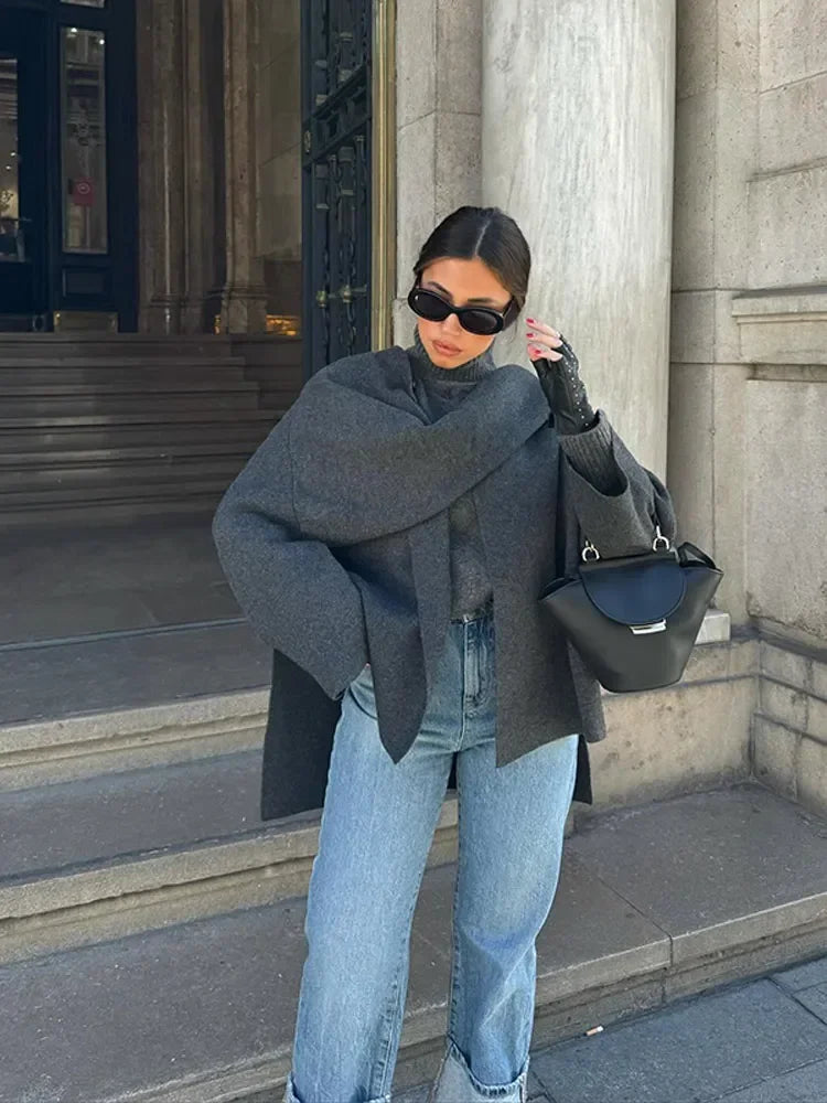 Damjacka med Sjal Krage Ullblandning Elegant Jacka för Dam-5