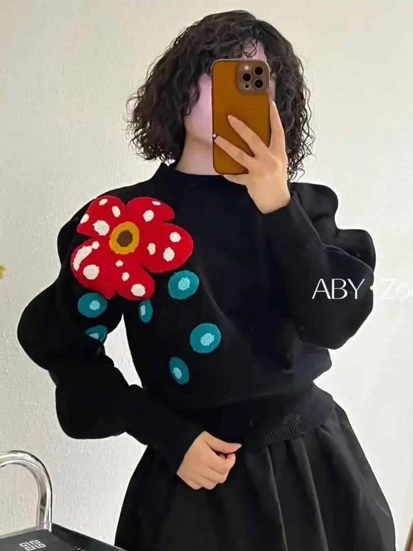 Stickad Dam Tröja Blommig Broderi Mjuk Bomull Polyester 3