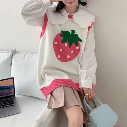 Kvinnors Stickad Väst Med Jordgubbsbroderi Avslappnad Akryl-1