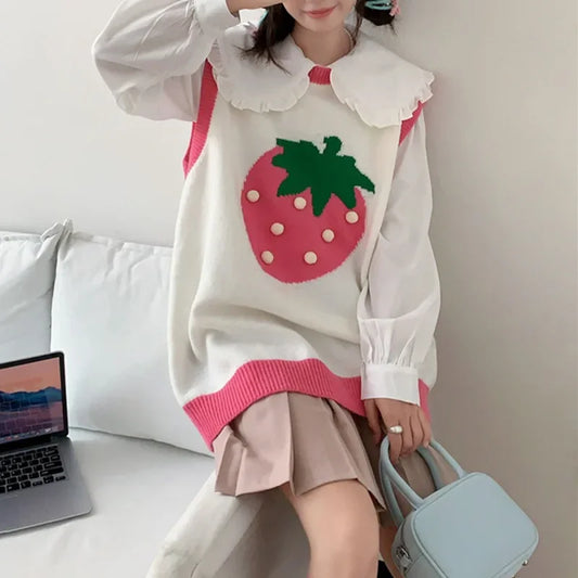 Kvinnors Stickad Väst Med Jordgubbsbroderi Avslappnad Akryl-1