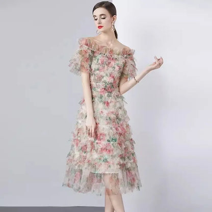 Kvinna Midi Klänning A-Line Fyrkantig Halsringning Bomullsblandning-2