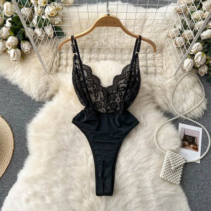 Dam Bodysuit Monokrom Spets Polyester Elegant Design 8