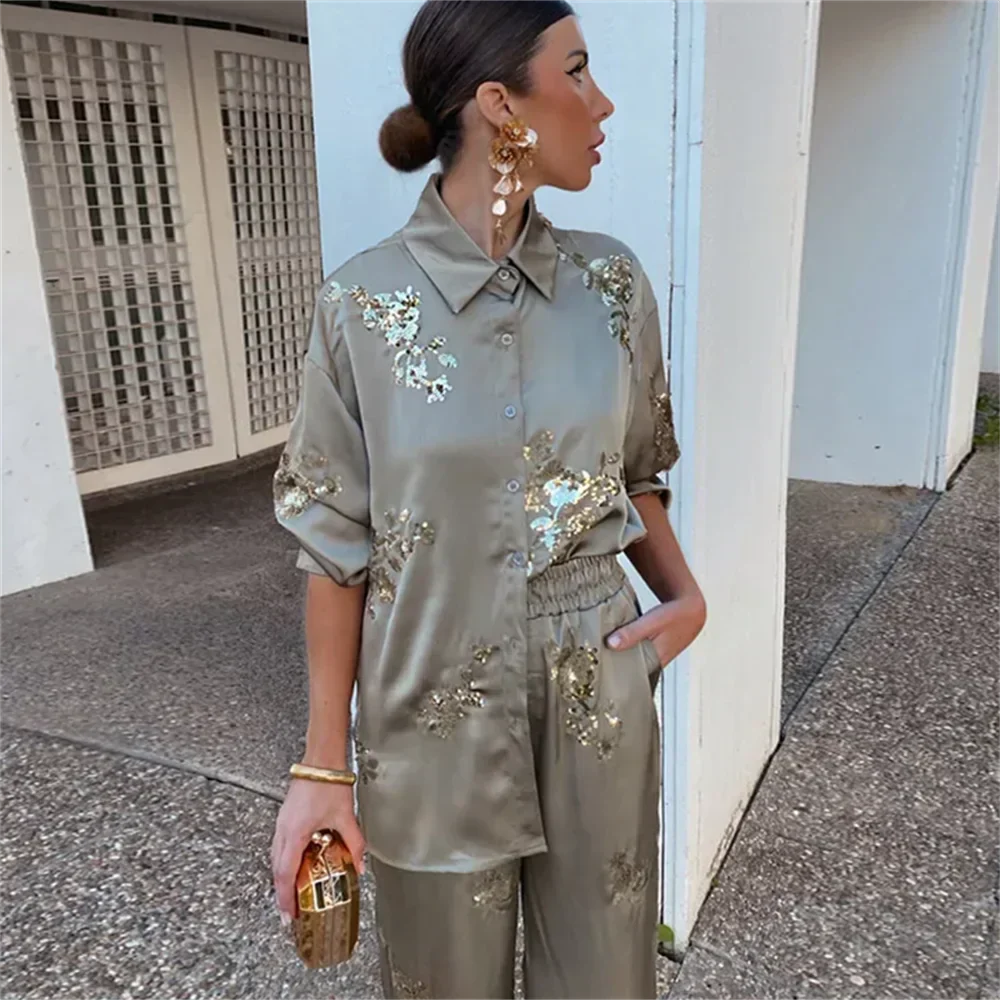 Kvinnors Träningsdräkt Blommönster Loose Fit Satin-5