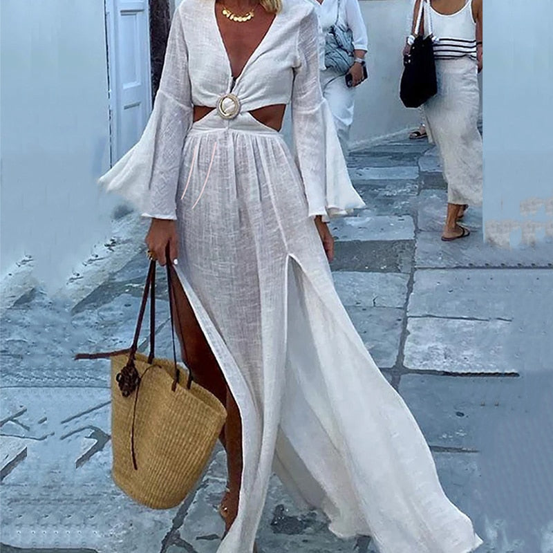 Dam Maxiklänning A-linje V-neck Polyester Långärmad-3