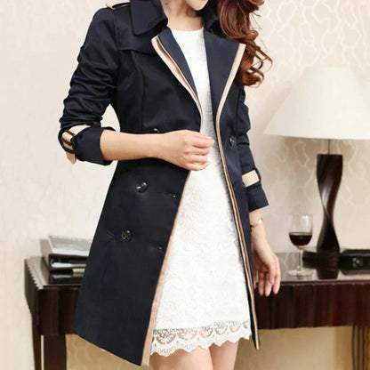 Dam Trench Coat Dubbelknapp Klassisk Stil Mjuk Polyester-Bomull-2