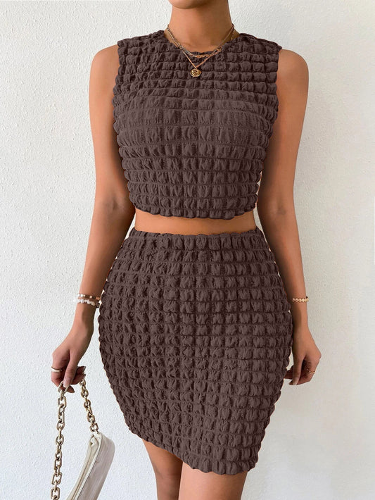 Dam Crop Top och Kjol Set med Strukturerad Design i Siden och Bomull – Perfekt för Fest och Vardag 1