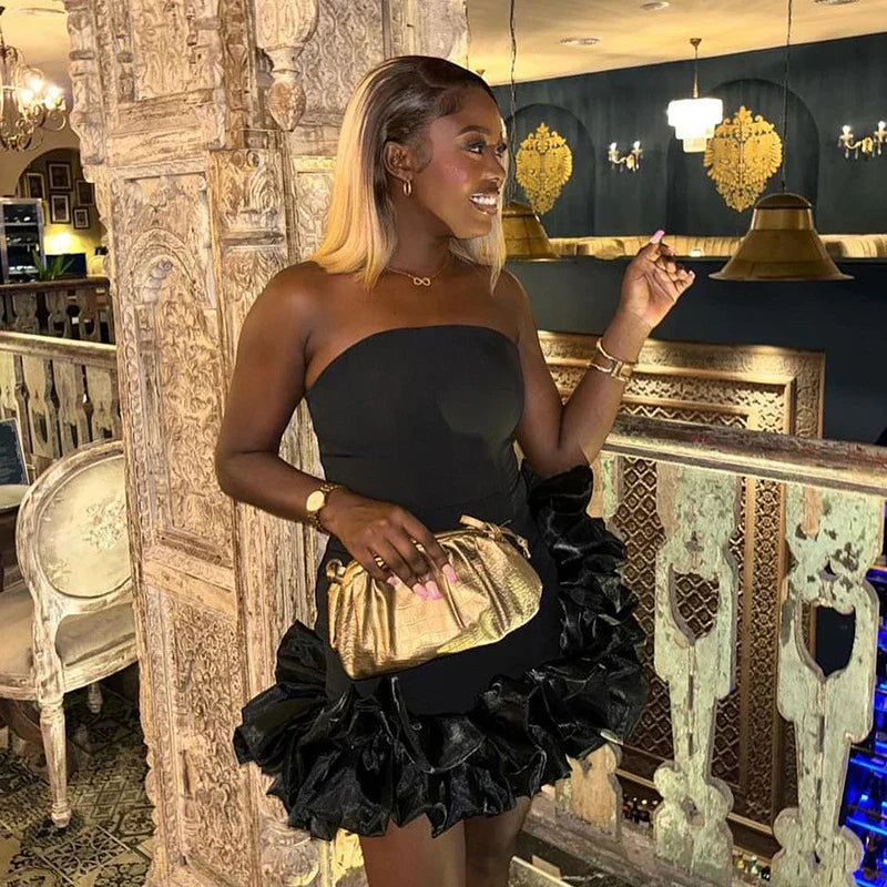 Damklänning Axel Fri Med Spets Detaljer, Mini Klänning i Bomull och Polyester-4