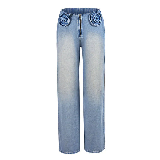 Dam Jeans Rak Snitt Lågt Midja Bomull Polyester Denim 1