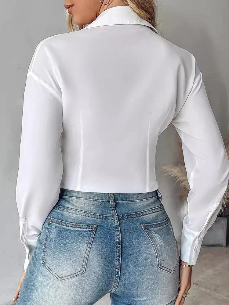 Vit Skjorta Dam med Lång Ärmar och Spetsdetaljer i Polyester – Elegant Blus för Vardagsbruk 5