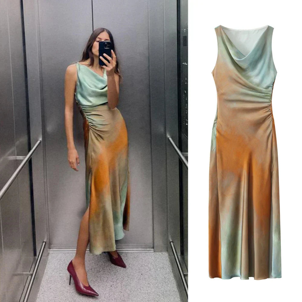 Dam Glidklänning Vattenfall Halsringning Satin Batik-2