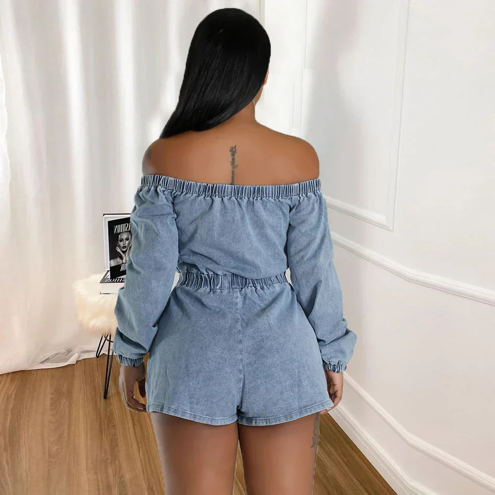 Dam Jumpsuit Löst Snitt Denim med Fickor Polyester-Bomull-5
